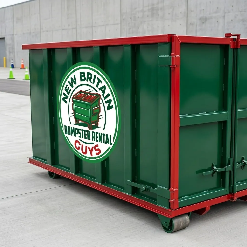 Red roll-off dumpster in service on a job site in New Britain, CT Red roll-off dumpster in service on a job site in New Britain, CT