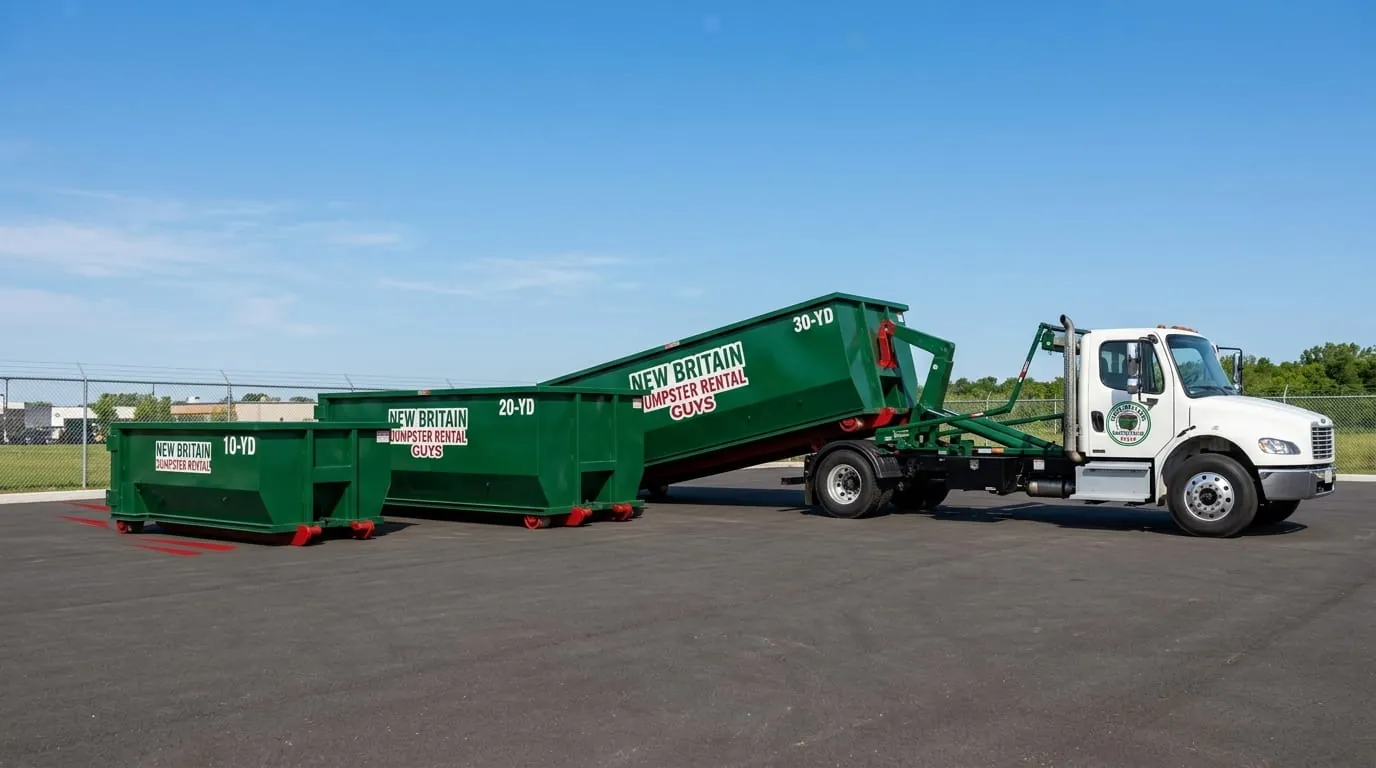 New Britain Dumpster Rental Guys roll-off container and truck working a job in Hartford County New Britain Dumpster Rental Guys roll-off container and truck working a job in Hartford County