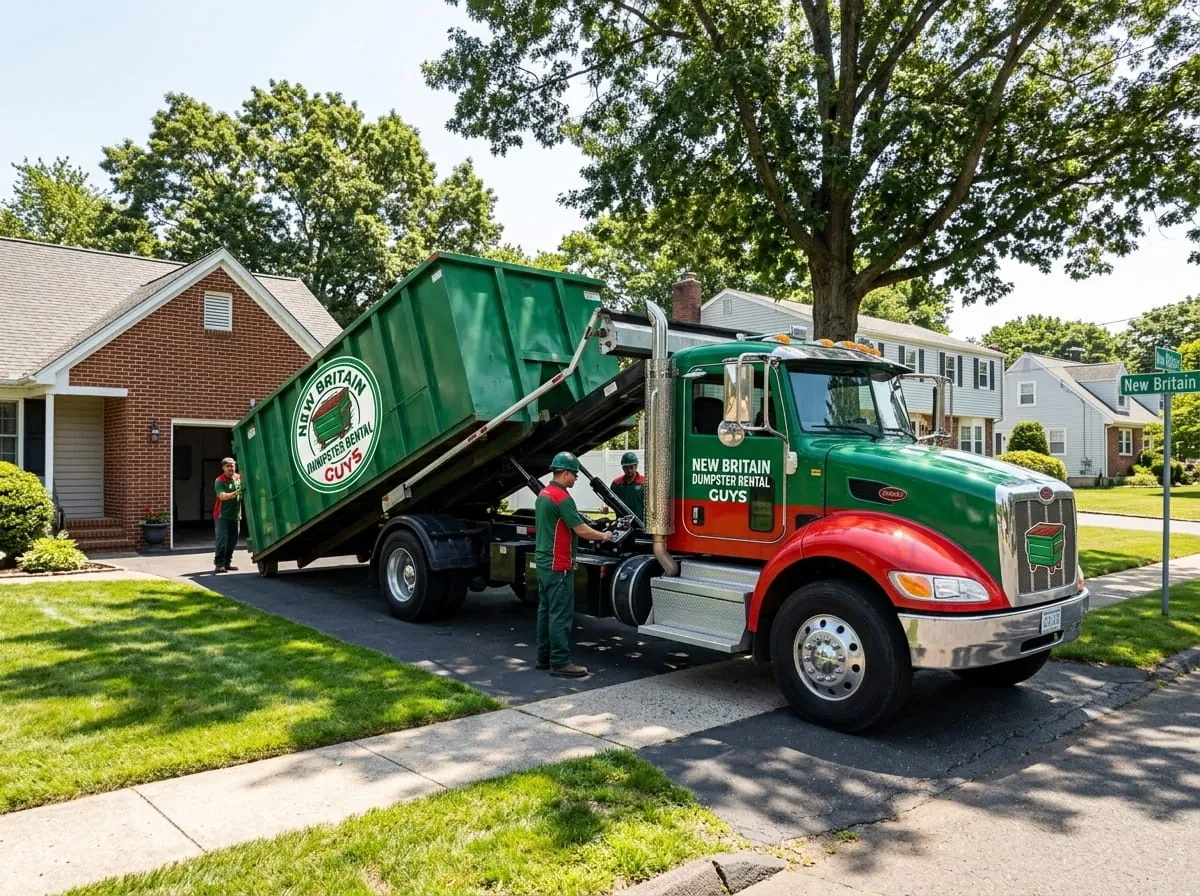 Roll-off truck setting a container down on a driveway in New Britain, Connecticut Roll-off truck setting a container down on a driveway in New Britain, Connecticut