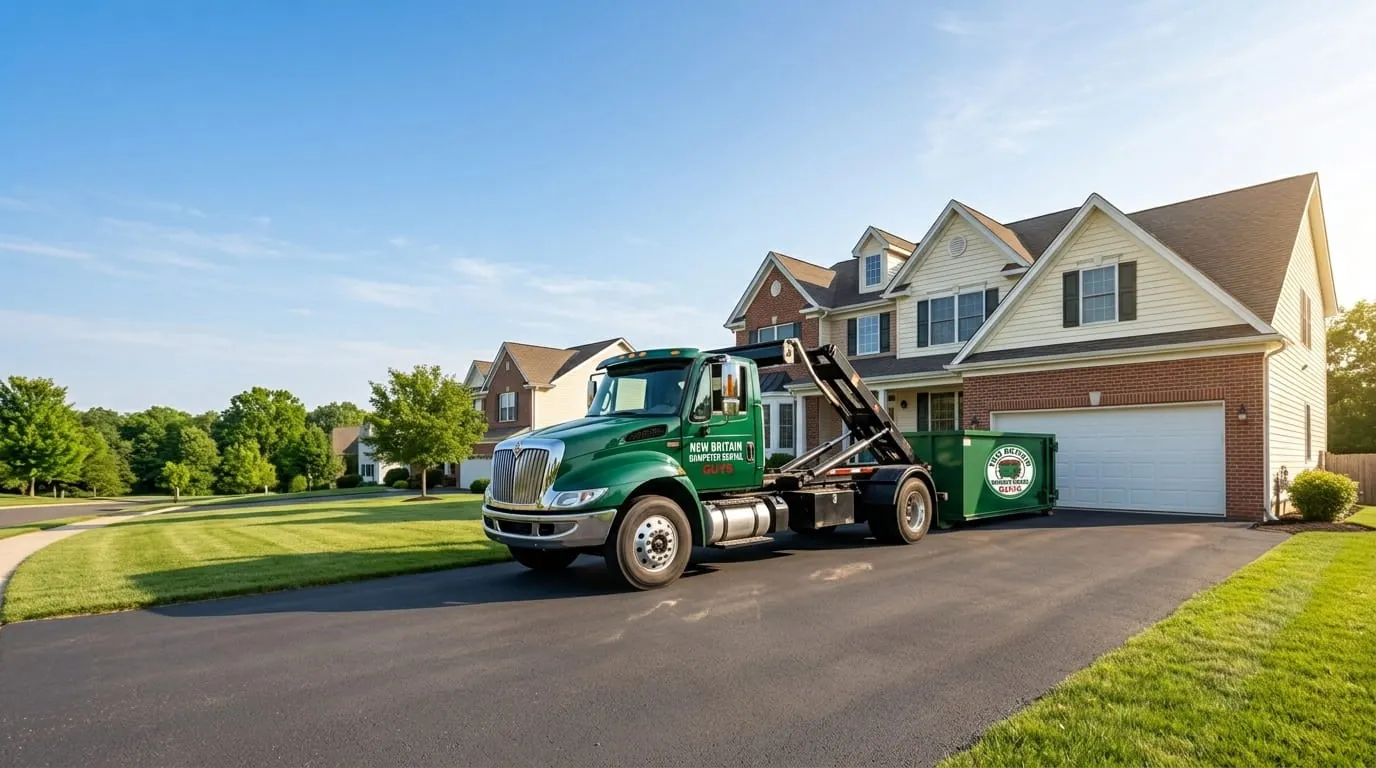New Britain Dumpster Rental Guys roll-off truck delivering a dumpster on a street in New Britain, CT New Britain Dumpster Rental Guys roll-off truck delivering a dumpster on a street in New Britain, CT
